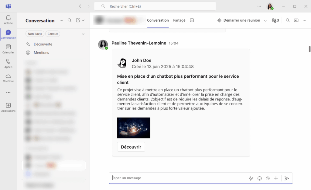 Diffuser l'information en interne : notification teams - projets